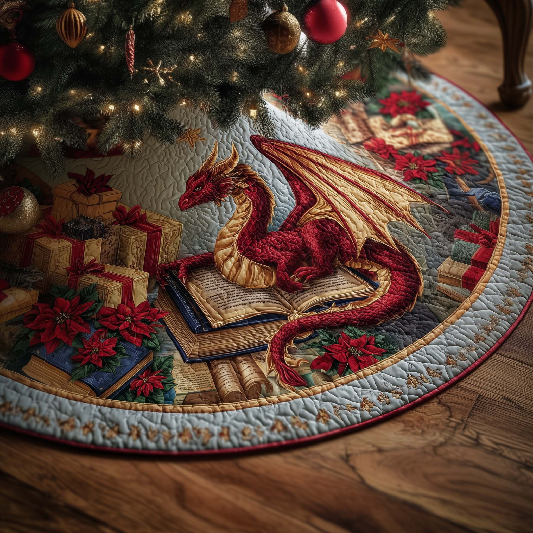 Library Dragon Quilted Tree Skirt Modern Interior Decor Unique Gifts For Dragon Lover