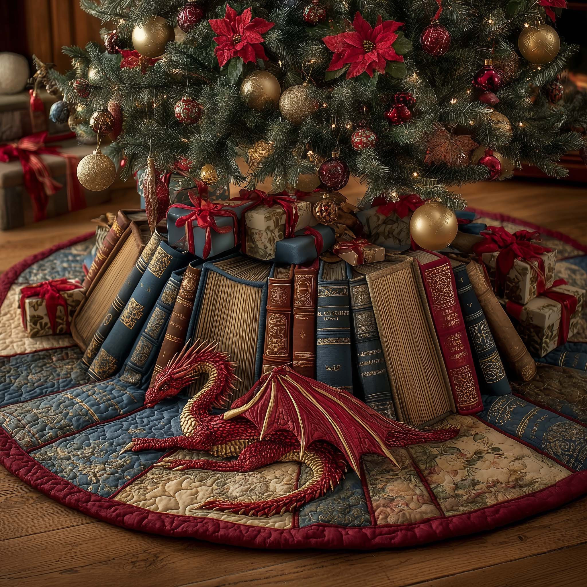 Library Dragon Quilted Tree Skirt Trending Home Decor 2025 Xmas Gifts For Bookish