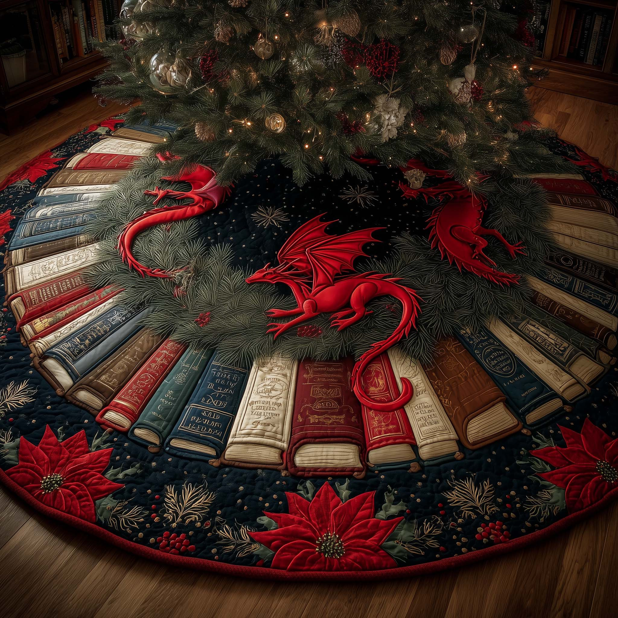 Library Dragon Quilted Tree Skirt Xmas Home Decor Christmas Gifts For Book Lovers