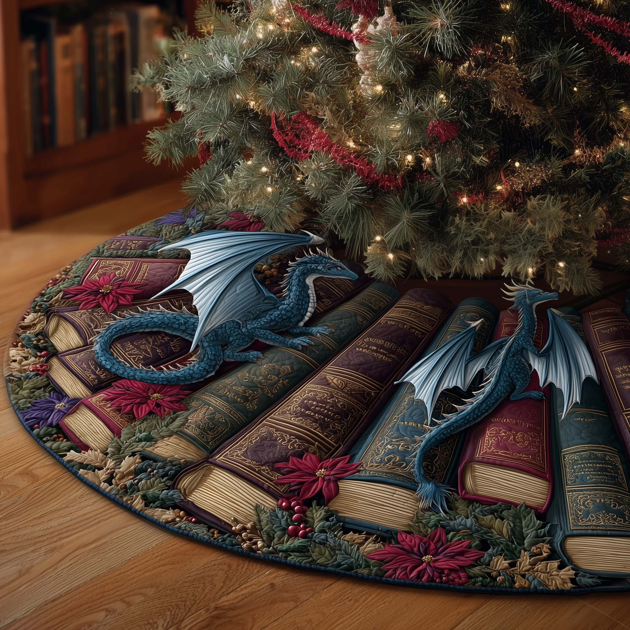 Library Dragon Quilted Tree Skirt Year Round Home Decor Christmas Gifts For Dragon Lovers