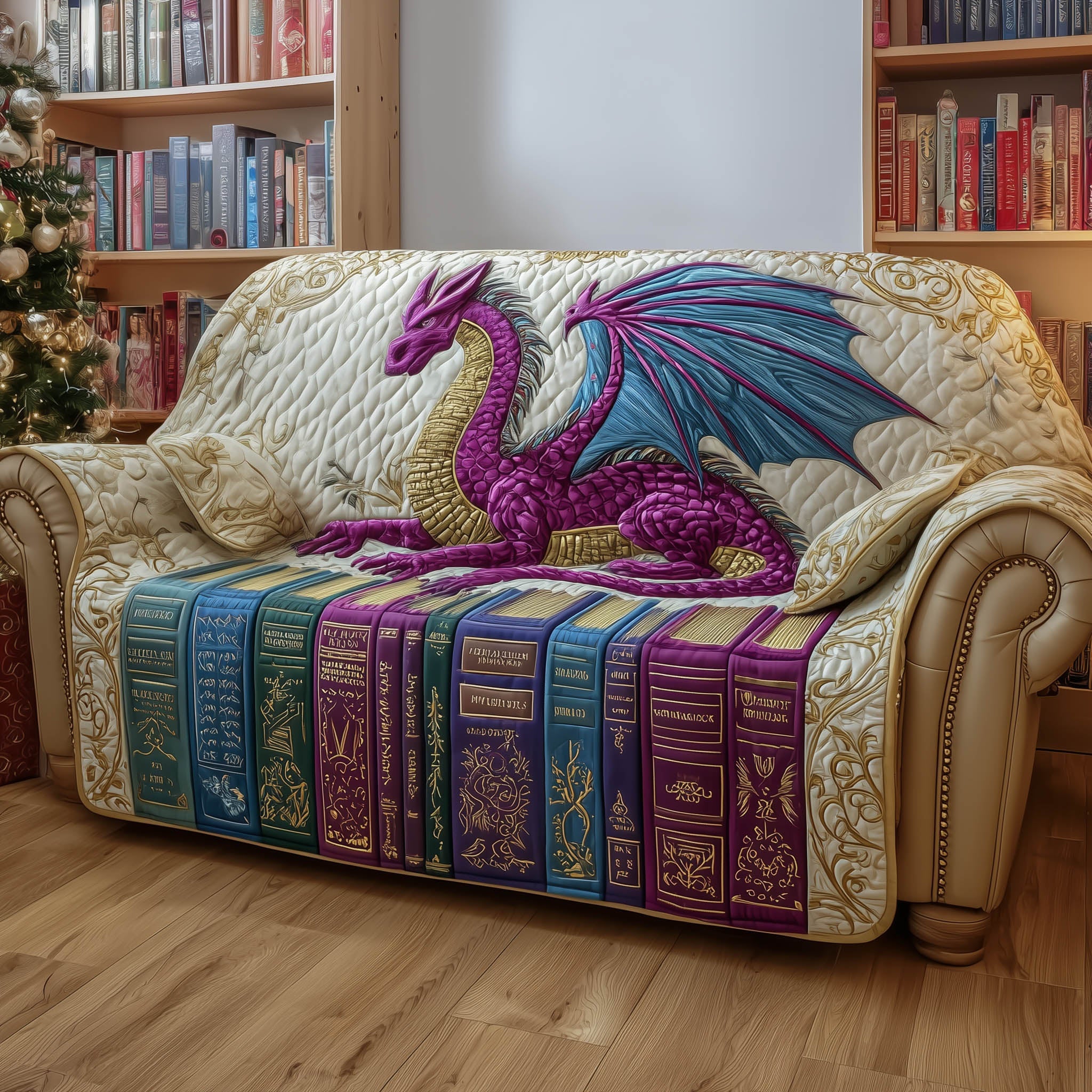 Library Guardian Quilted Sofa Cover Fantasy Dragon And Books Great Dragon Lover Gifts