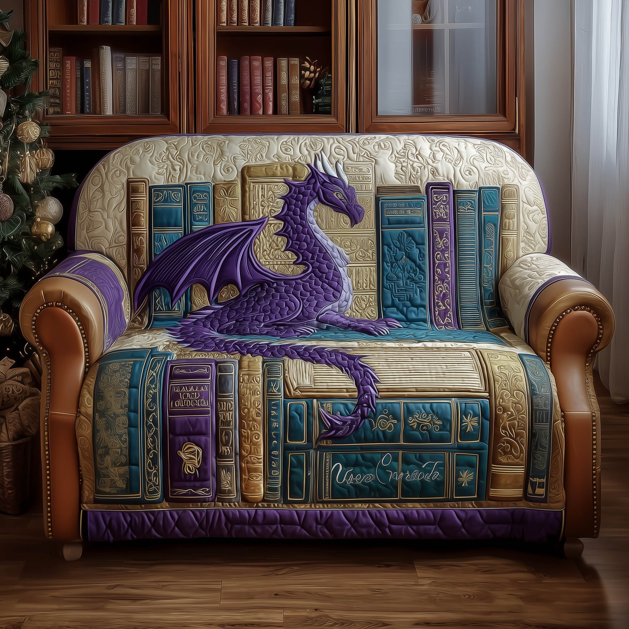 Library Guardian Quilted Sofa Cover Wyvern On Bookshelf Great Dragon Lover Gifts