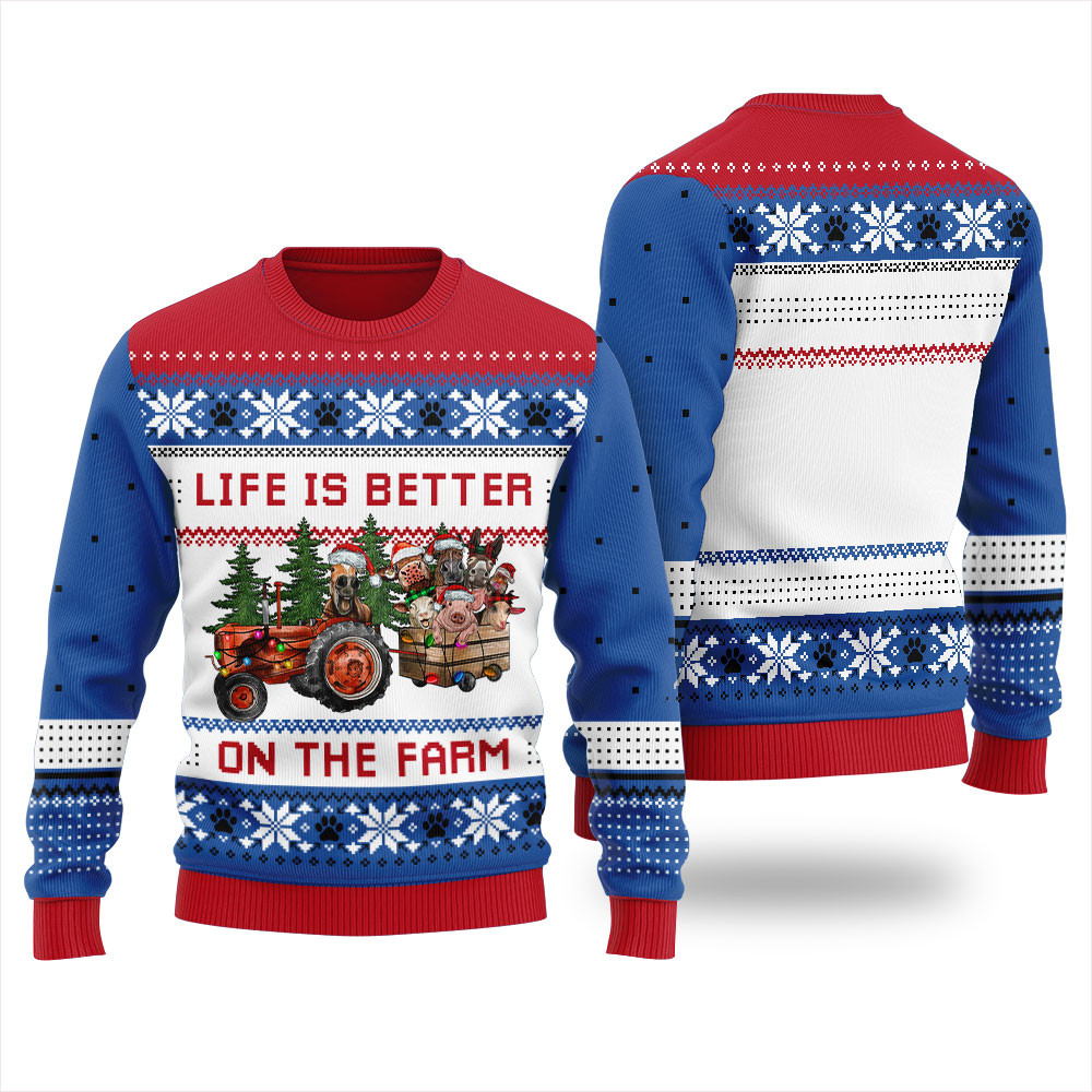 Life Is Better On The Farm Ugly Christmas Sweater Funny Holiday Sweater for Family Gatherings