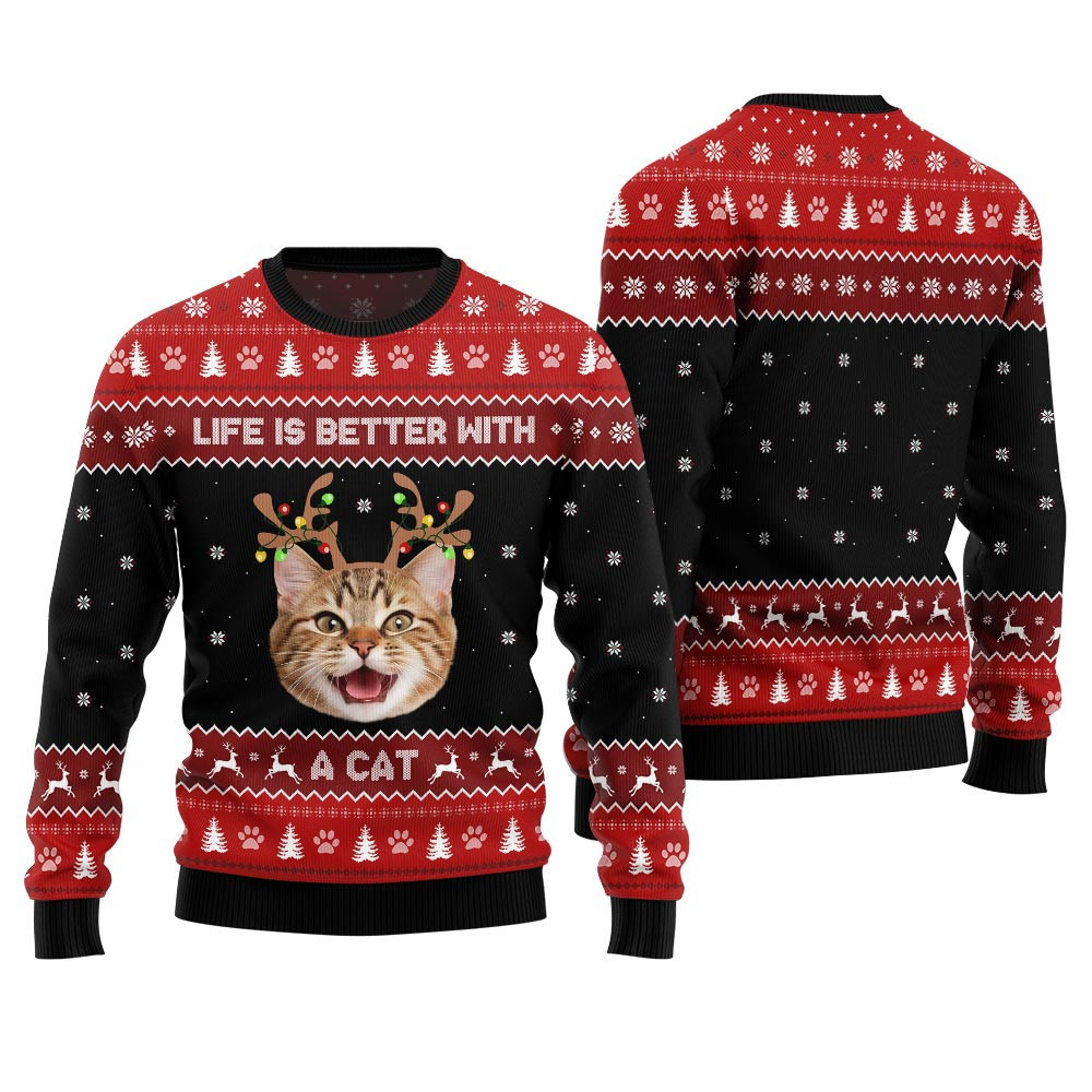 Life Is Better With A Cat Custom Pet Ugly Sweater Christmas Gifts For Her