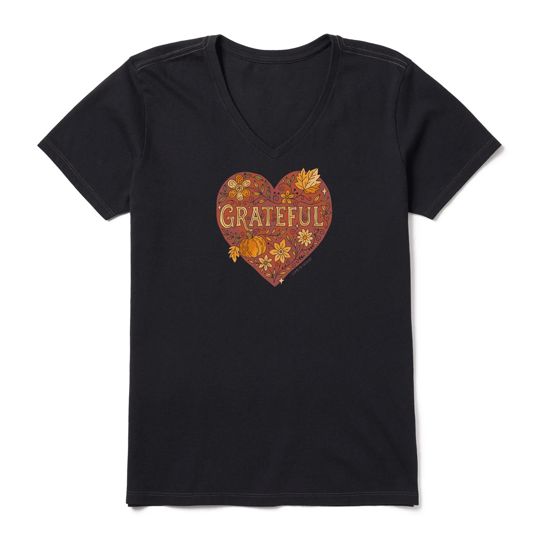 Life Is Good Thanksgiving Shirt Grateful Heart Doodle Watercolor V-Neck Shirt