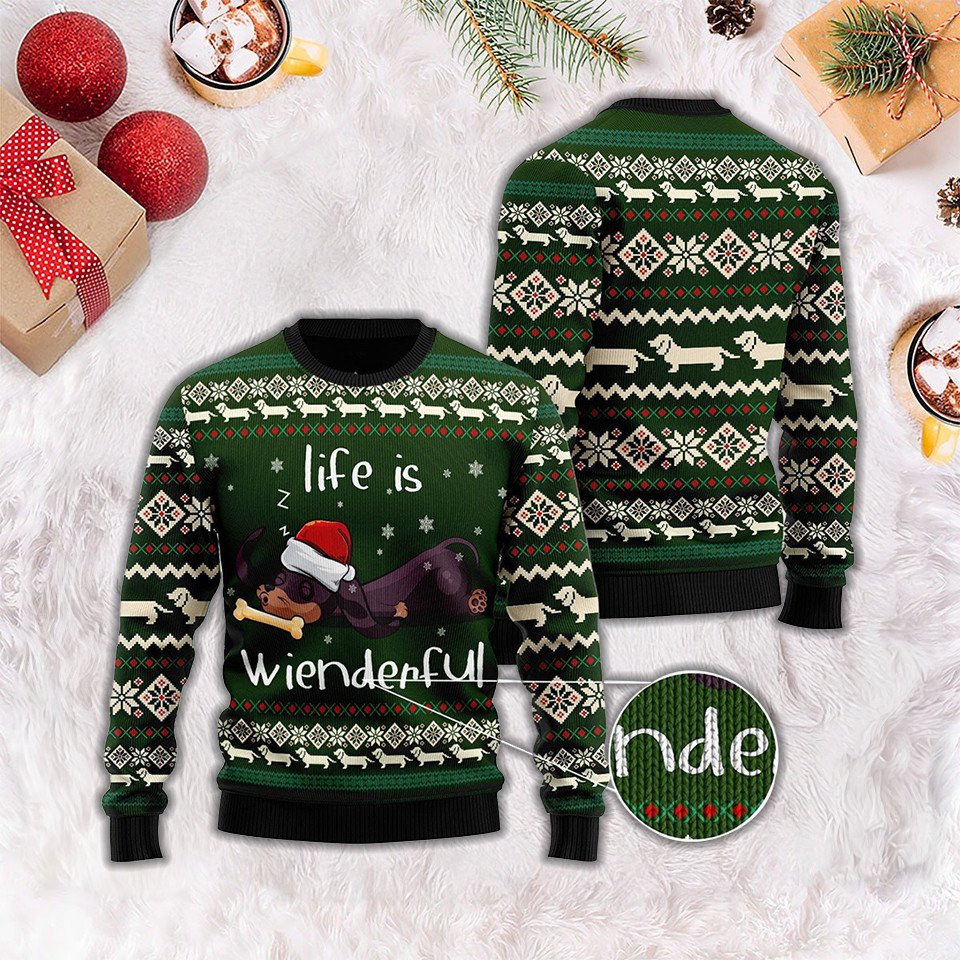 Life Is Wienderful Ugly Christmas Sweater Lazy Dachshund Funny Xmas Sweater Dog Lovers Gifts