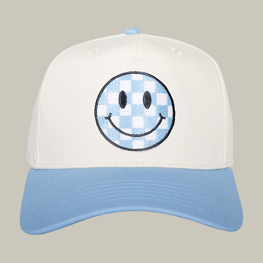 Light Blue Checkered Happy Face Vintage Hat Smiley Face Design Katydid Hat Gift For Friends