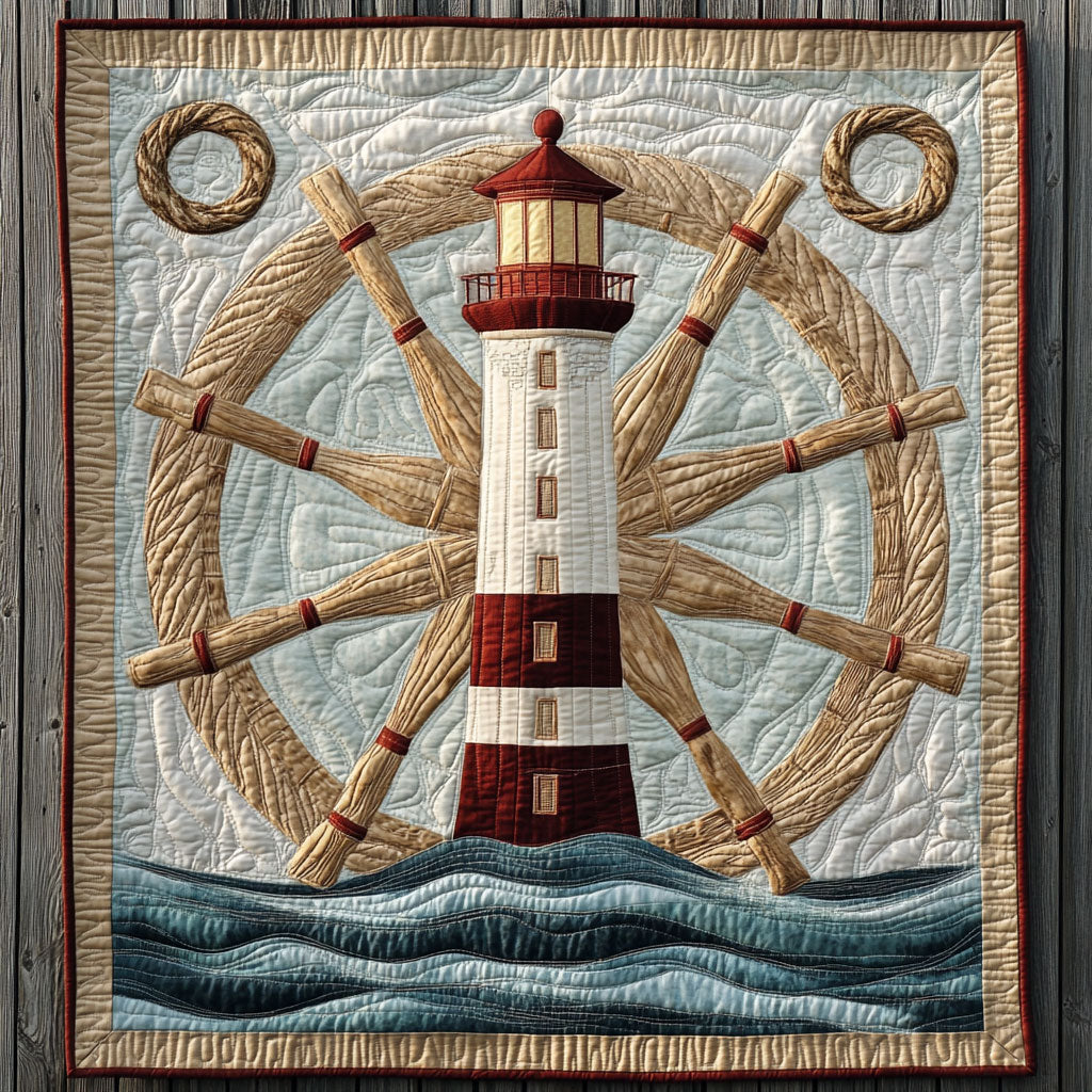 Lighthouse & Ship Wheel Quilt Blanket Queen Size Blanket Gifts For Lighthouse Lovers