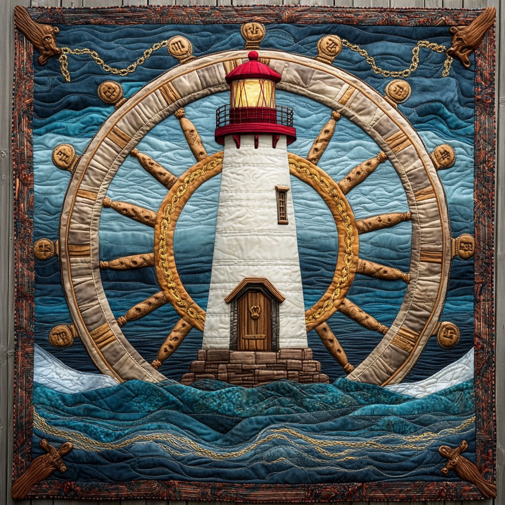Lighthouse And Ship Wheel Quilt Blanket Queen Size Blanket Gifts For Lighthouse Lovers