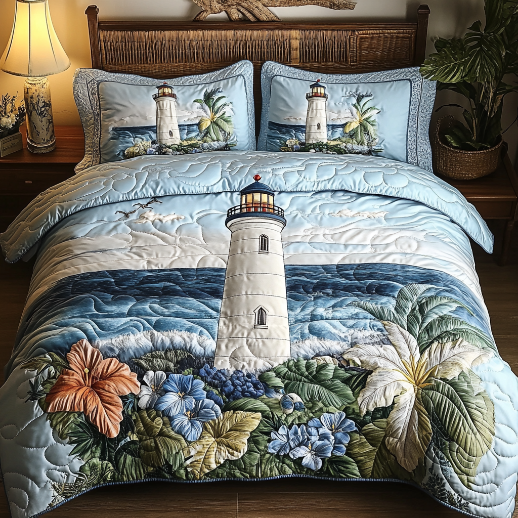 Lighthouse Bloom Quilted Bedding Set Floral Duvet Cover Birthday Presents For Mum