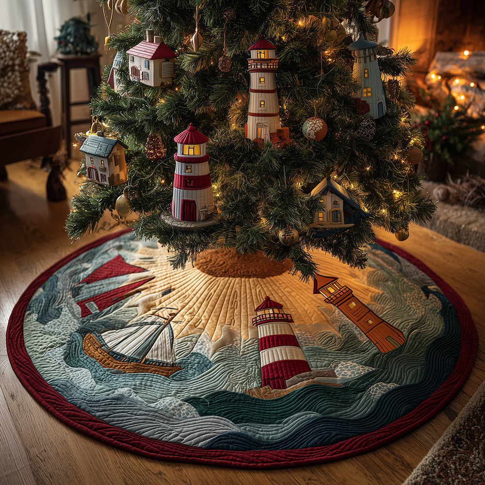 Lighthouse Coastal Glow Christmas Quilted Tree Skirt Holiday Decorations Unique Lighthouse Gifts