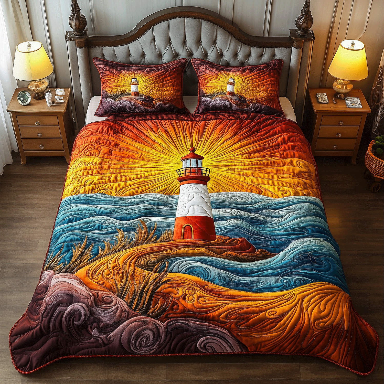 Lighthouse Horizon Quilted Bedding Set Premium Duvet Cover Gift Set for Mom or Grandma