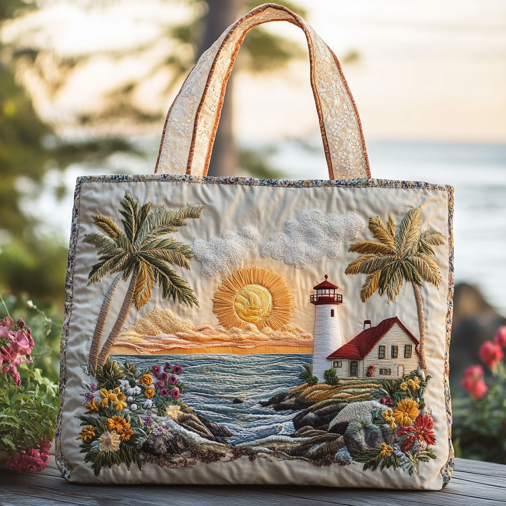 Lighthouse Horizon Quilted Tote Bag Ocean Beach Themed Presents
