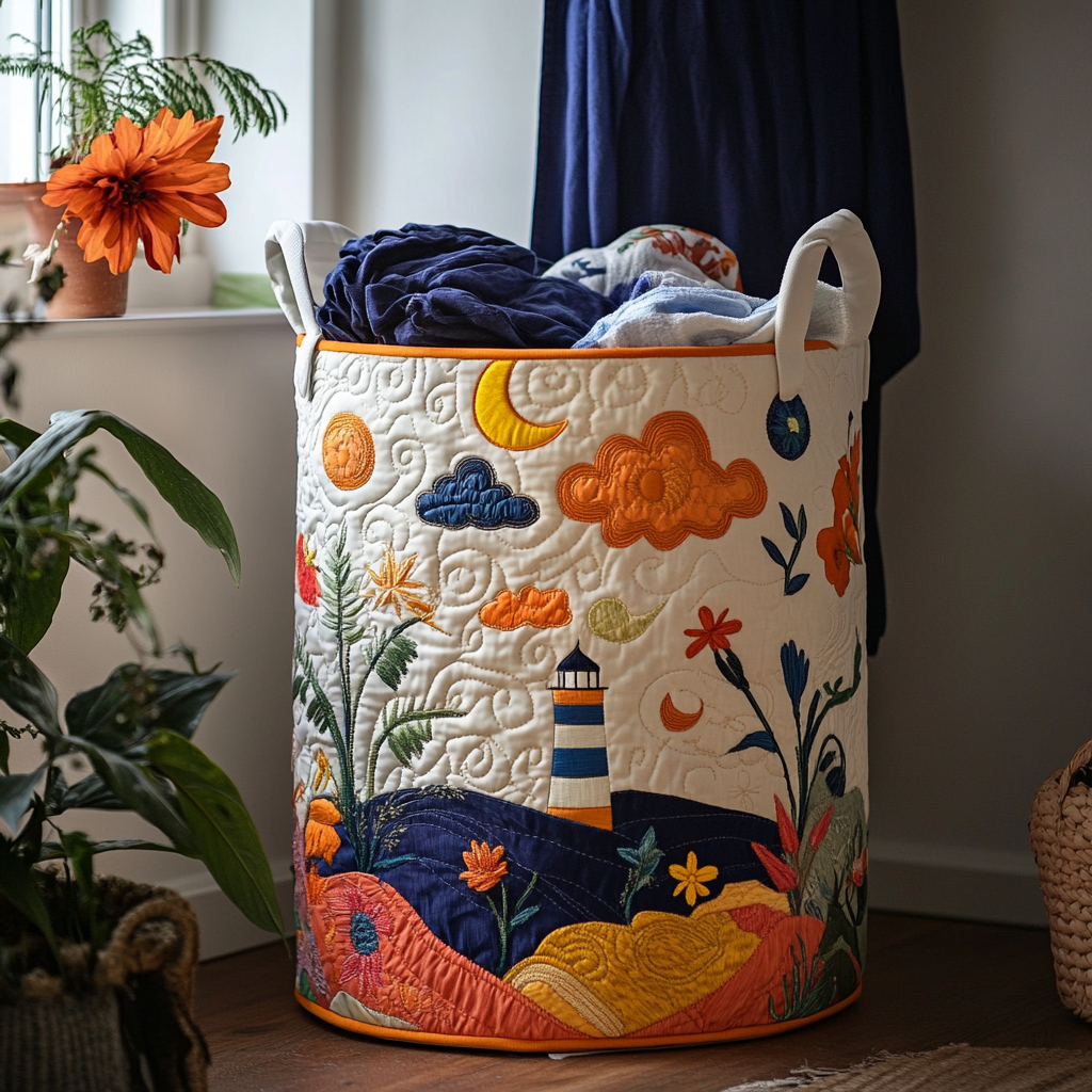 Lighthouse Night Quilted Laundry Basket Back To School Merch