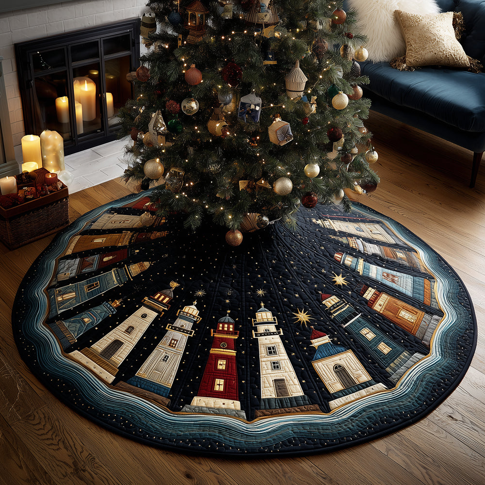 Lighthouse Night Wonder Christmas Quilted Tree Skirt Winter Holiday Decor Best Lighthouse Gift Items