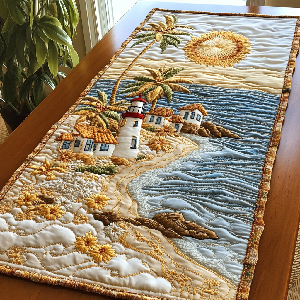 Lighthouse Path Quilted Table Runner Ocean Themed Table Runners Ocean Lighthouse Gift Ideas