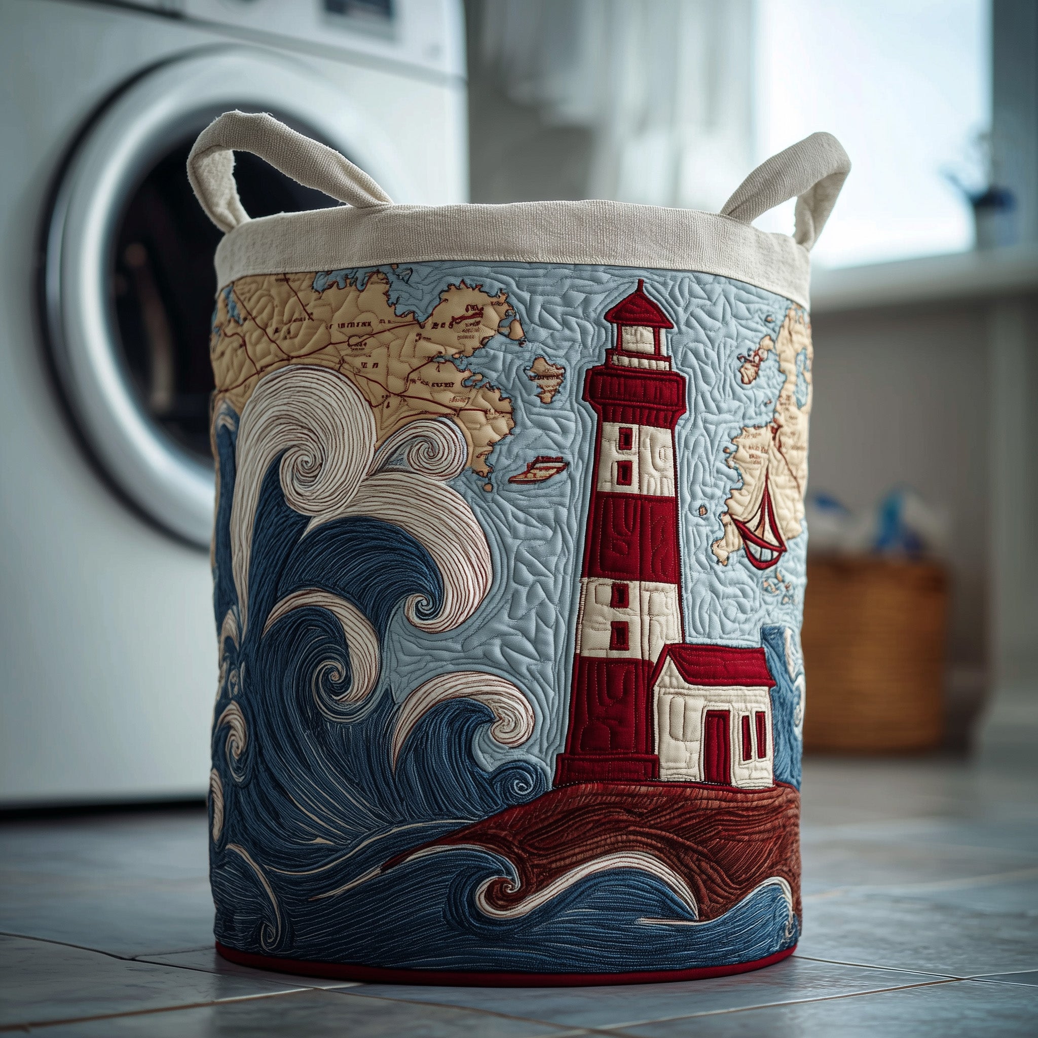 Lighthouse Quilted Laundry Basket Fabric Clothes Basket Cute Gift For Mom