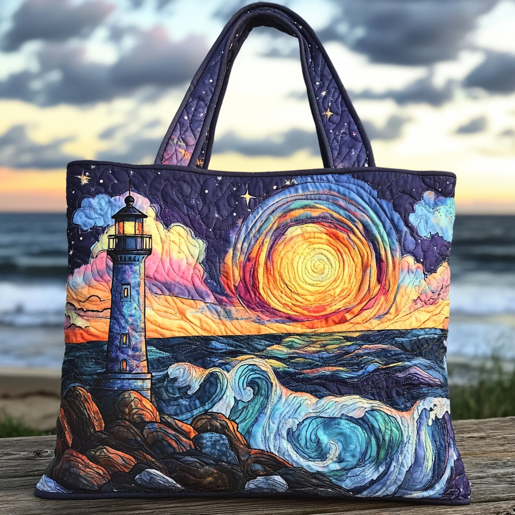 Lighthouse Sunset Quilted Tote Bag Presents For Ocean Lovers