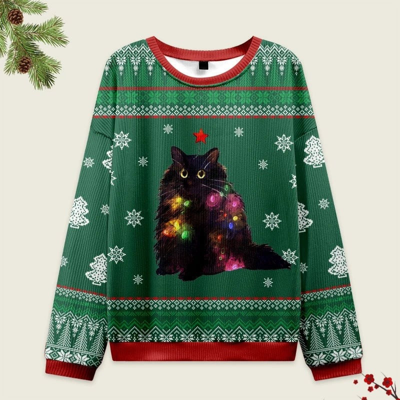 Lights Black Cat Ugly Christmas Sweater Pretty Xmas Apparel Gifts For Cat Lovers