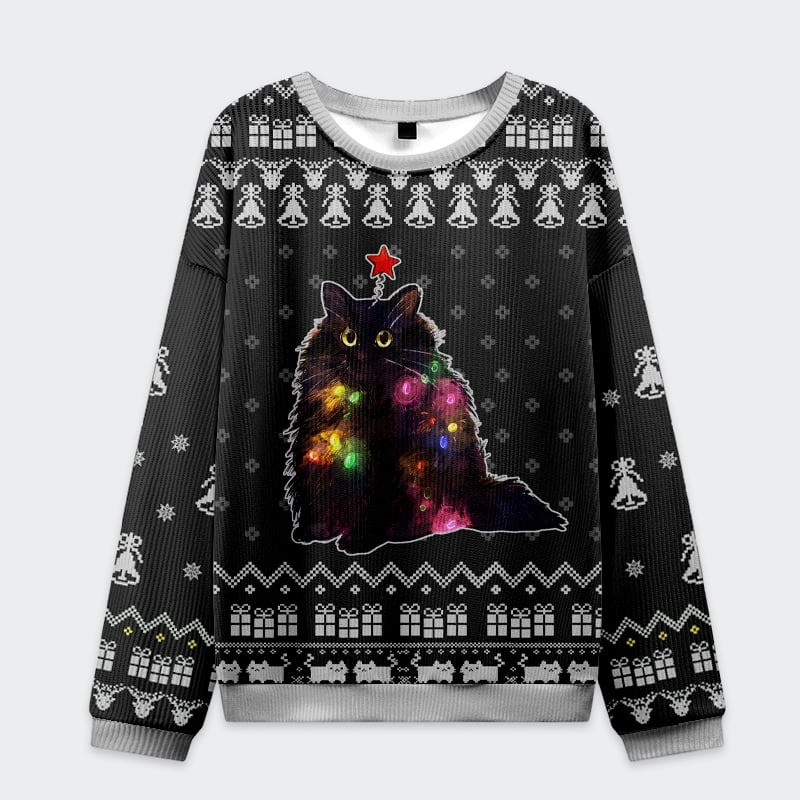Lights Black Cat Ugly Christmas Sweater Pretty Xmas Clothing Gifts For Cat Lovers