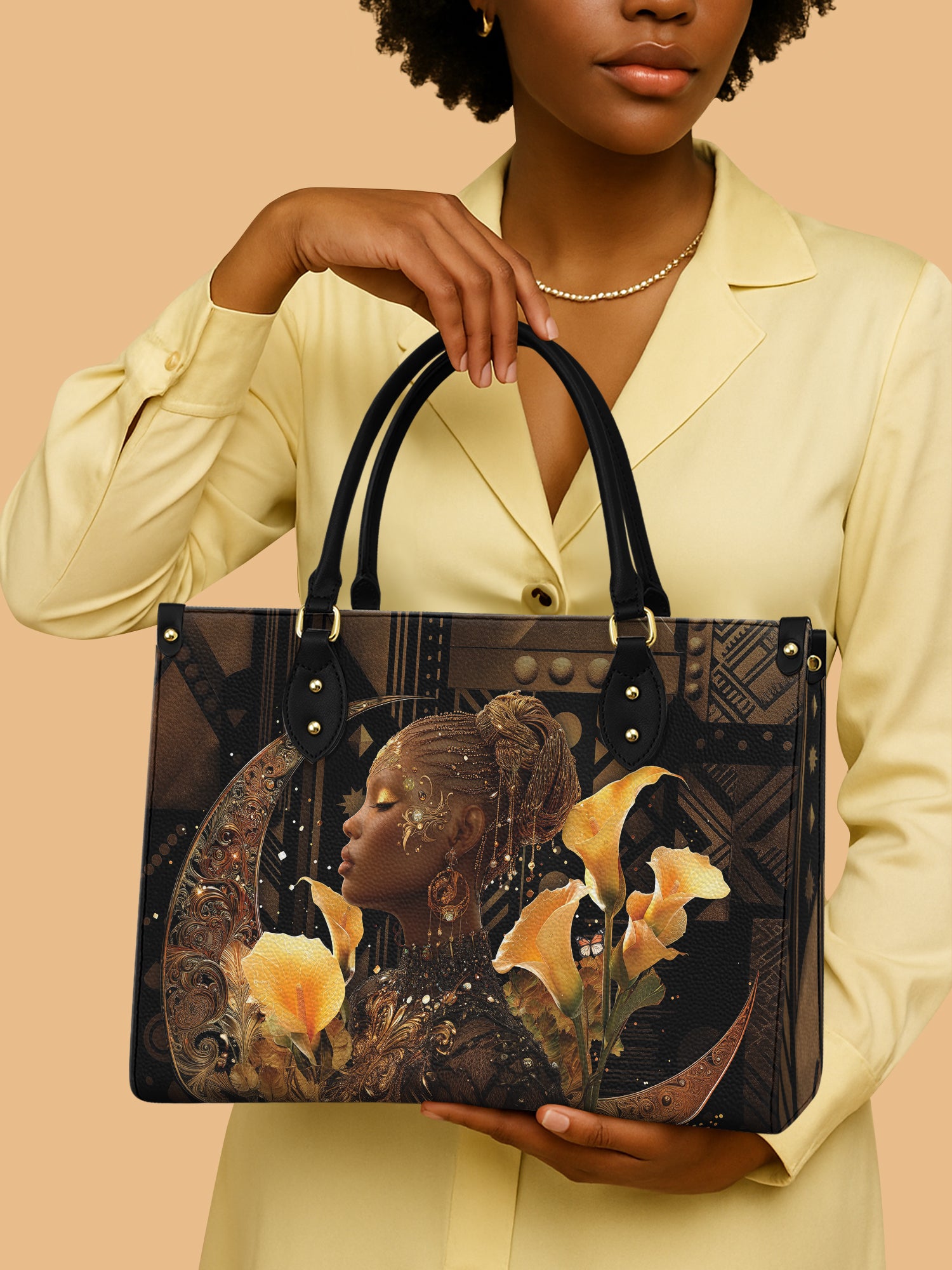 Lilies Floral And African Women Leather Handbag Color Kings Themed Melanin Black Women Gifts