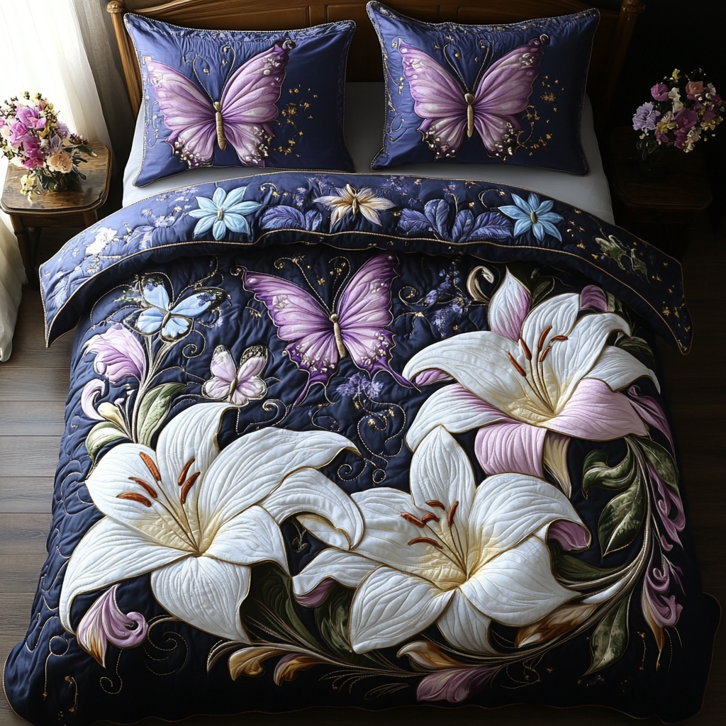 Lilies Wings Quilted Bedding Set Cool Bedroom Decor Gift For Butterfly Lover