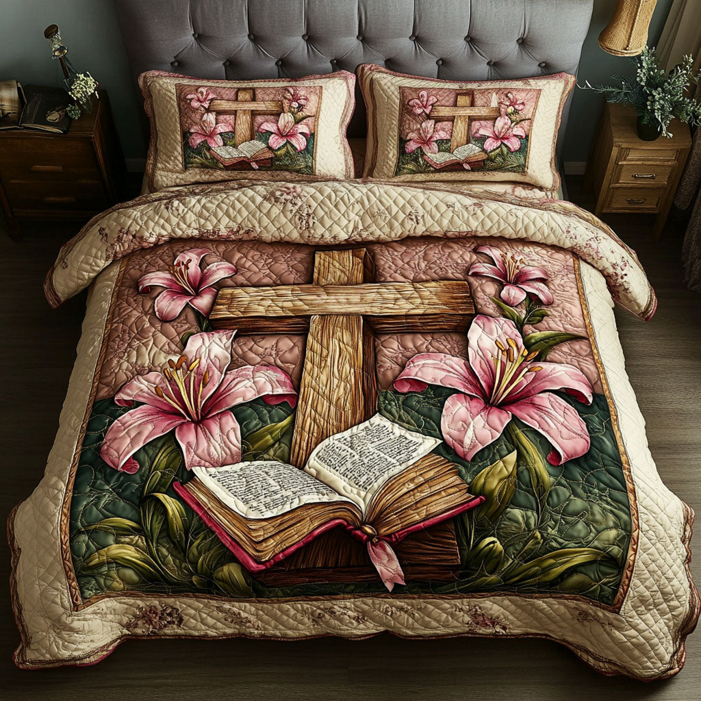 Lily Cross Quilted Bedding Set Bed Decorations Christian Gifts For Ladies