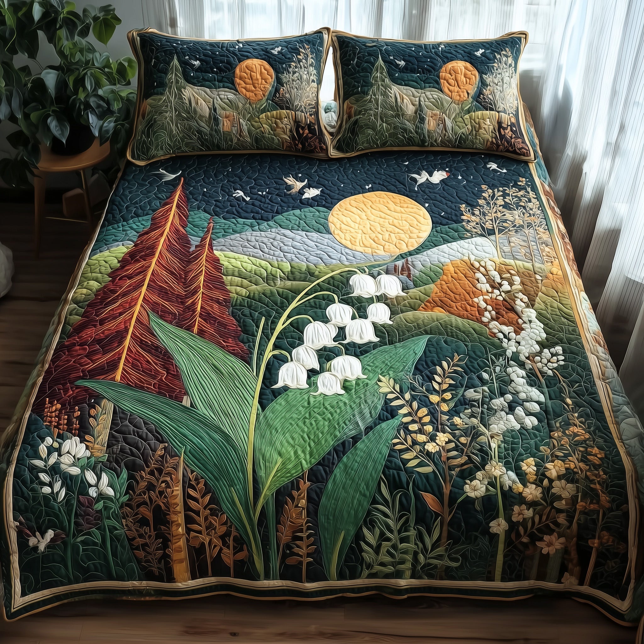 Lily Of The Valley Forest Quilted Bedding Set Duvet Cover Bedspread Best Xmas Present For Wife
