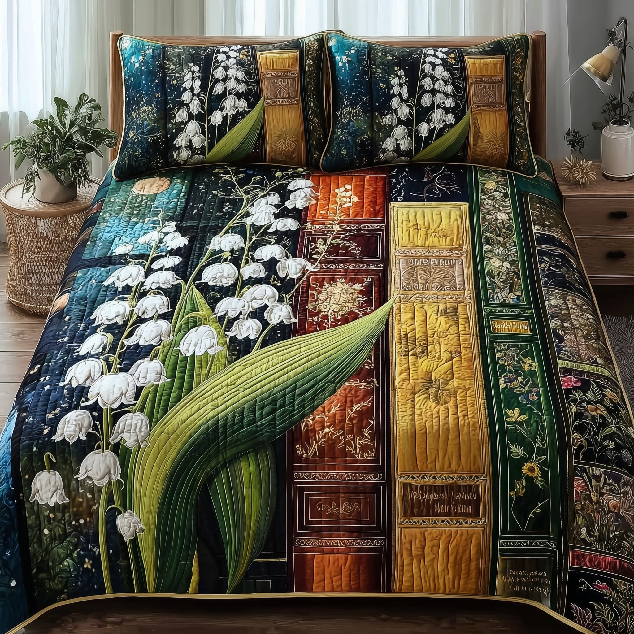 Lily of the Valley Library Quilted Bedding Set Duvet Cover Bedspread Book Presents For Best Friends