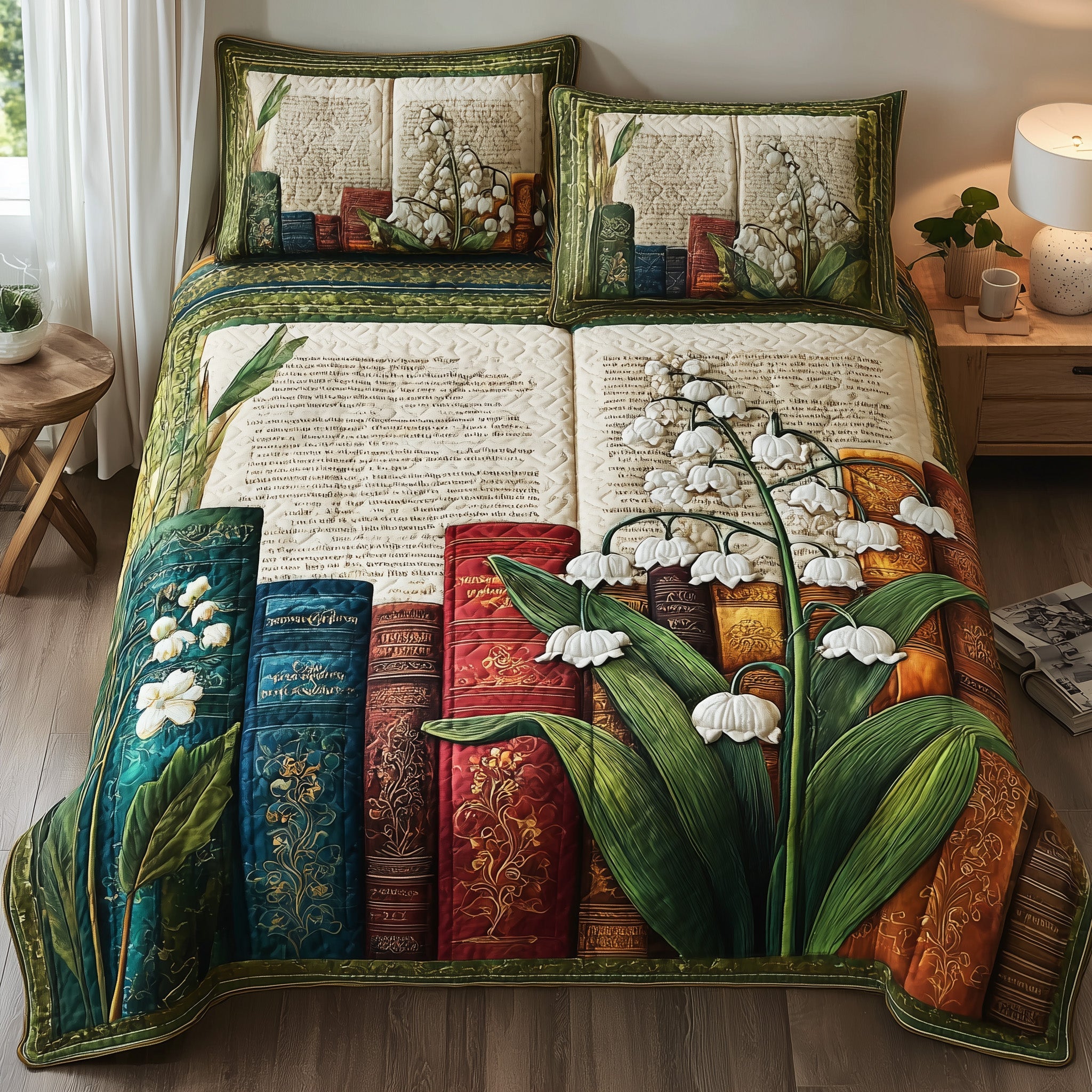 Lily Of The Valley Library Quilted Bedding Set Geometrical Pattern
