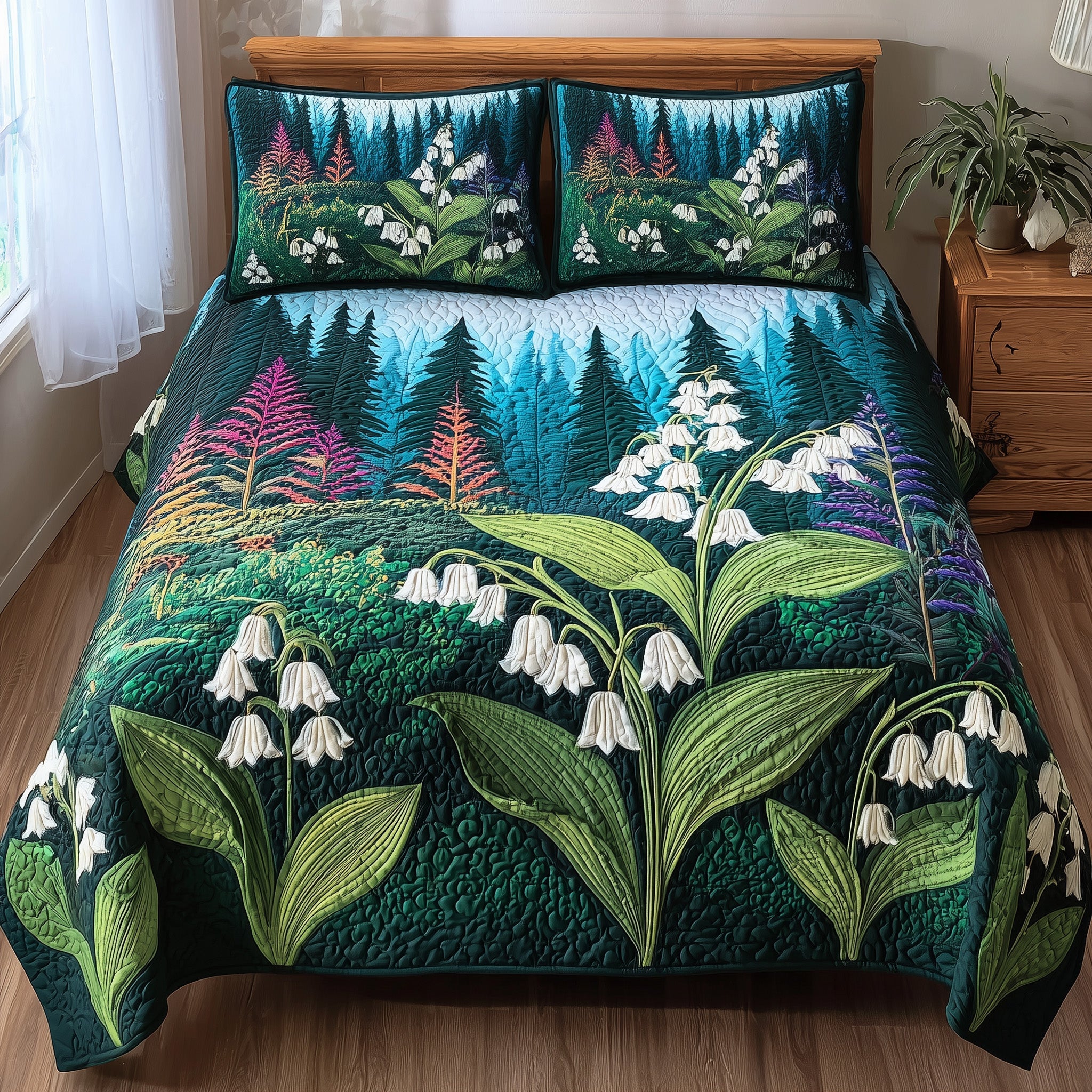 Lily of The Valley Quilted Bedding Set Duvet Cover Bedspread Best Xmas Present For Wife