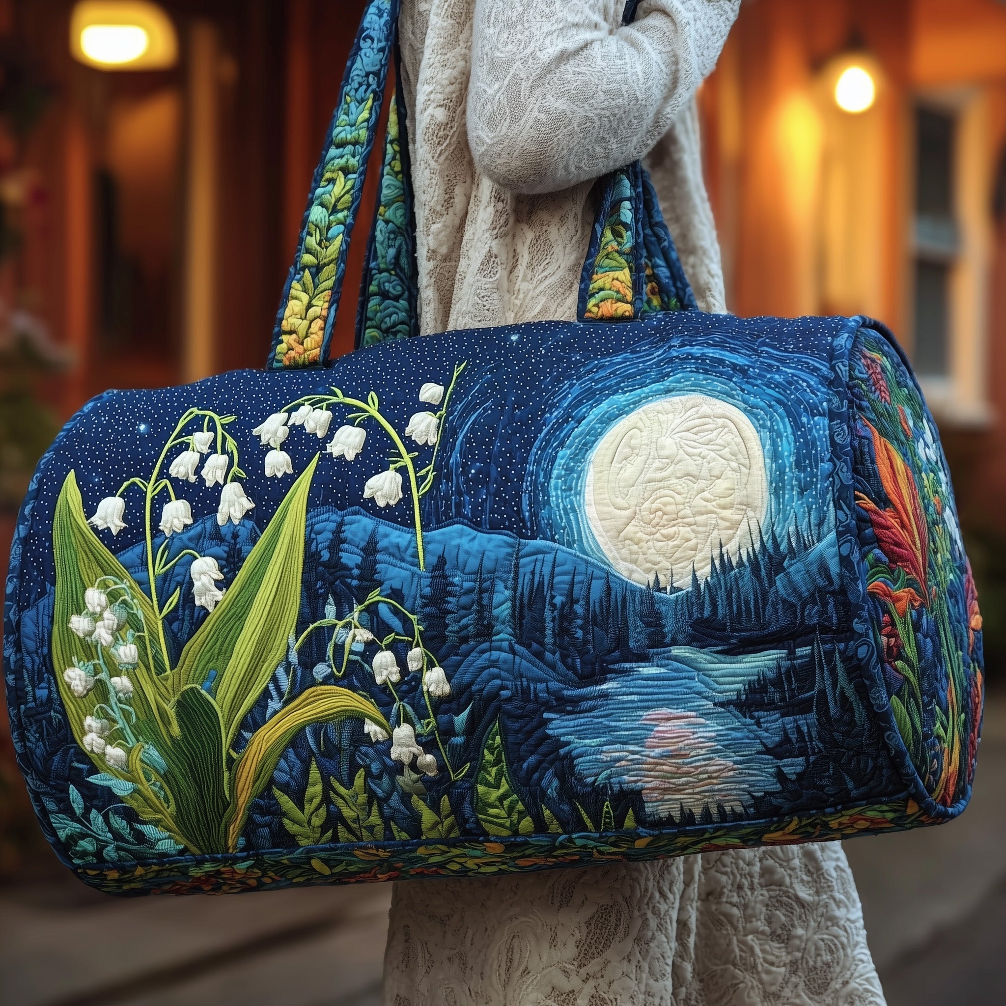 Lily Of The Valley Quilted Duffle Bag Organized Storage Pockets