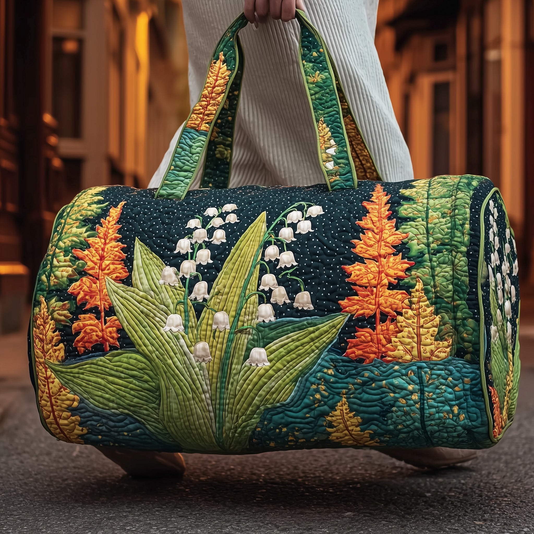 Lily Of The Valley Quilted Duffle Bag Travel Friendly Design
