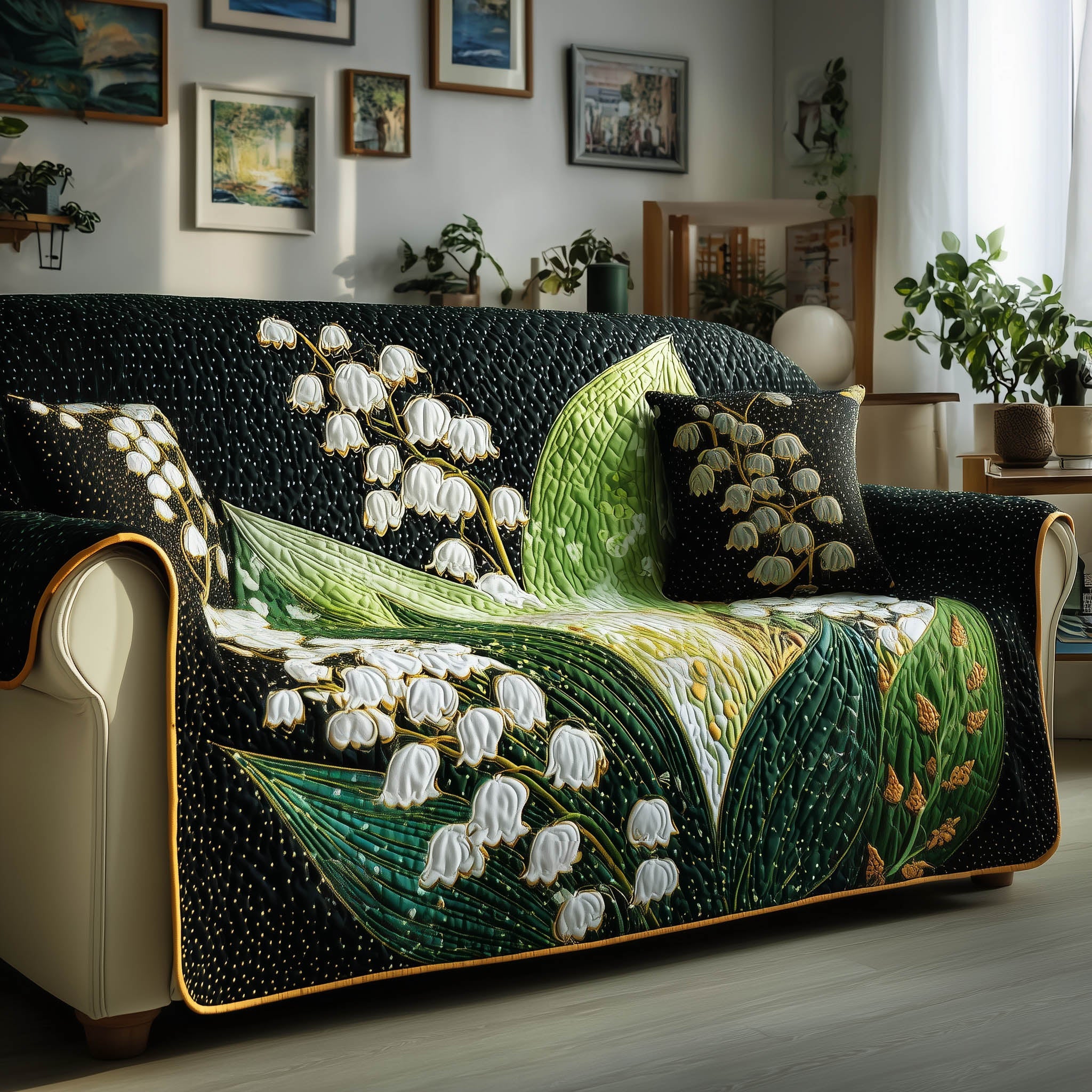 Lily of the Valley Quilted Sofa Cover Charming Wildflower Pattern Flower Lily Gifts For Women