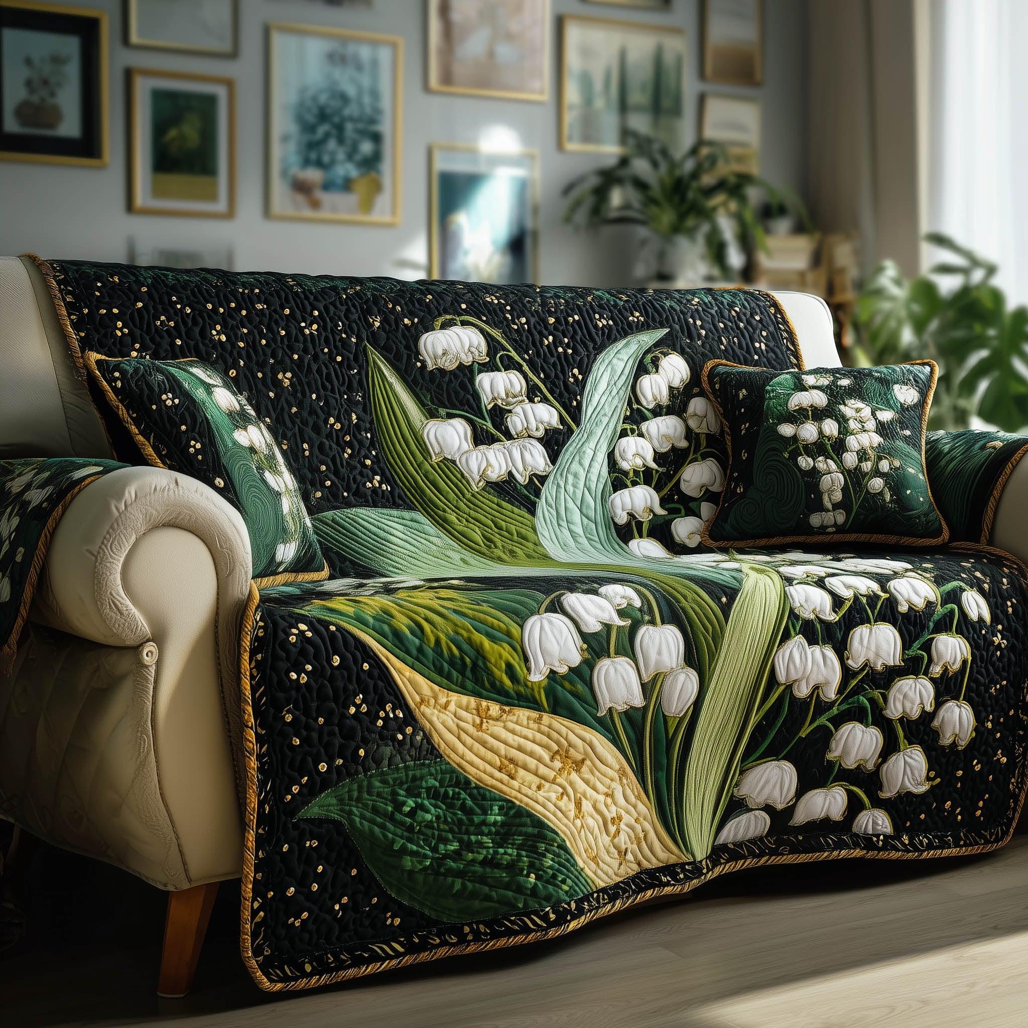Lily of the Valley Quilted Sofa Cover Fresh Greenery Floral Sofa Throw Flower Lily Gifts For Women