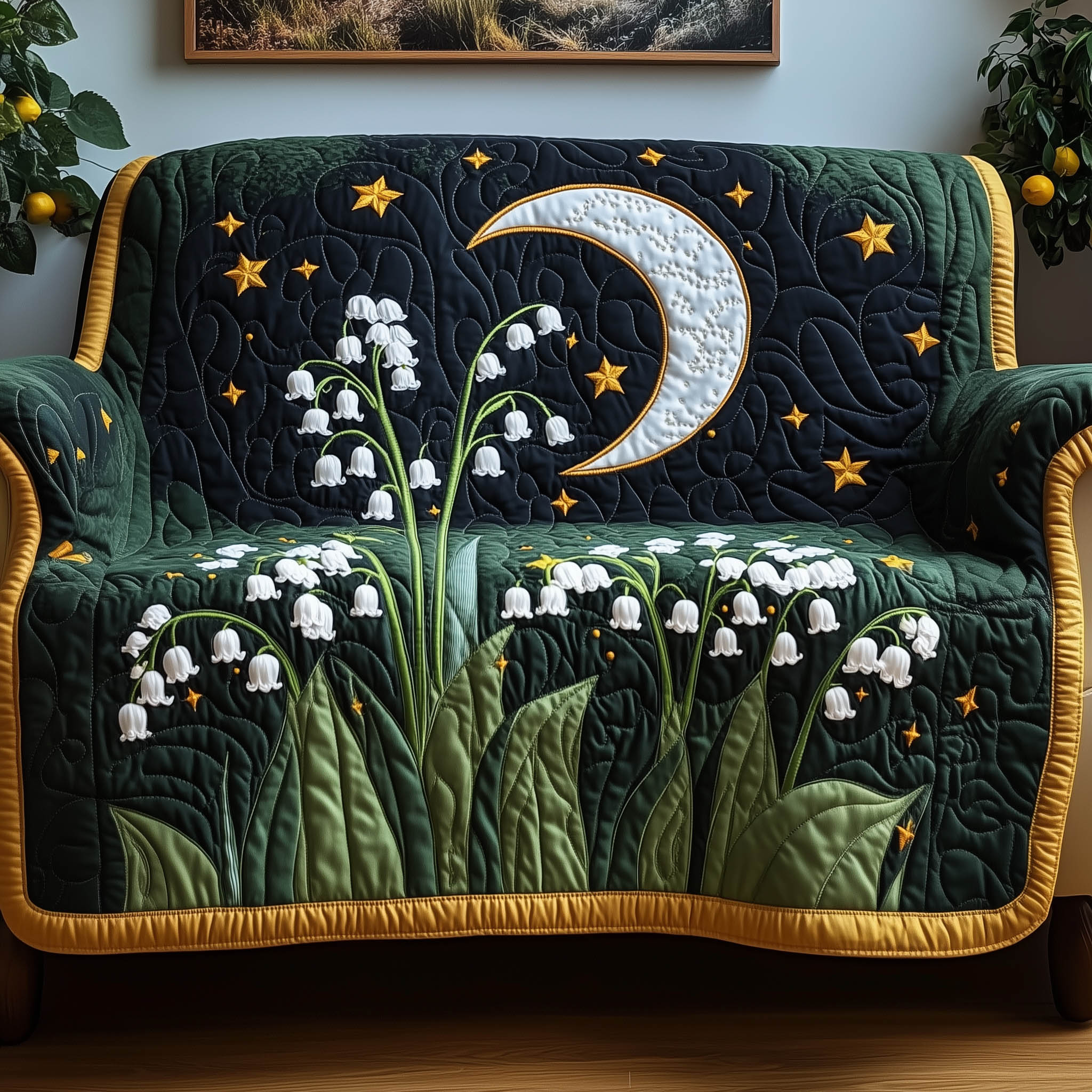 Lily of the Valley Quilted Sofa Cover Spring Bloom Motif Sofa Flower Lily Gifts For Women