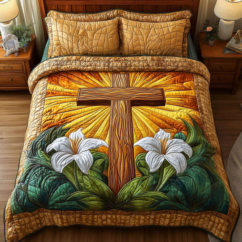Lily Sunrise Cross Quilted Bedding Set Cool Bedroom Decor Christian Presents For Her