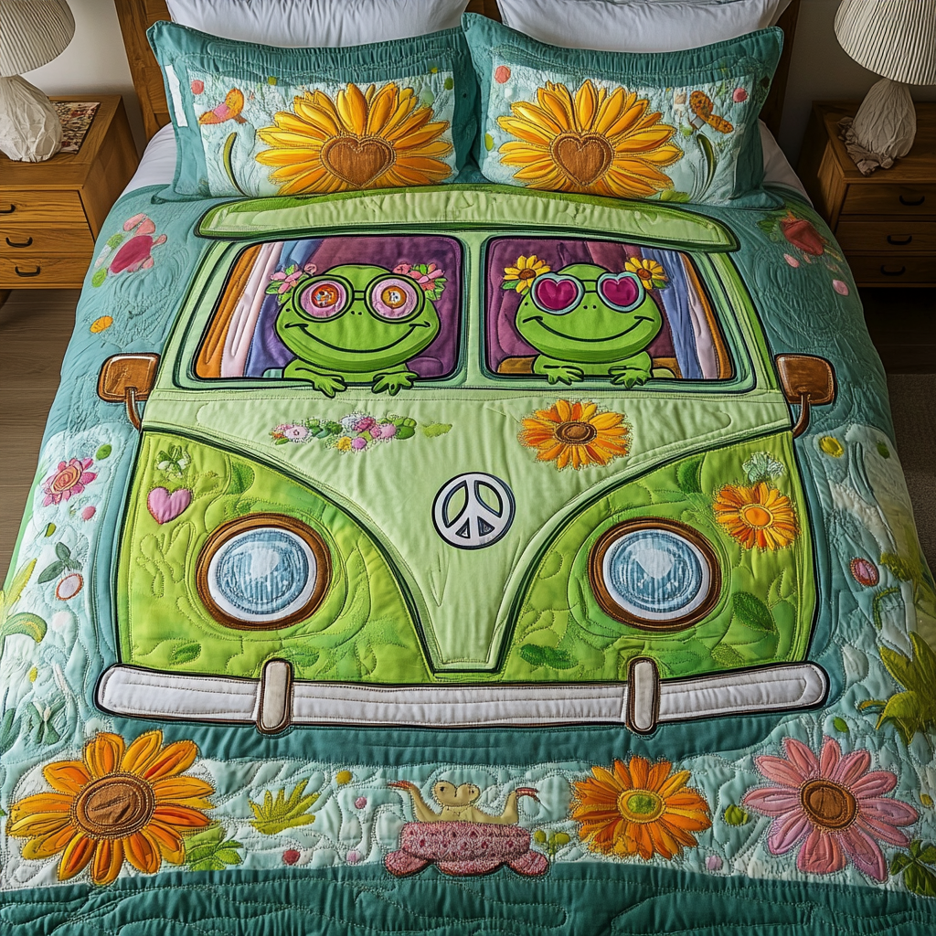 Lily Wheels Quilted Bedding Set Aesthetic Room Decor Frog Gifts For Adults