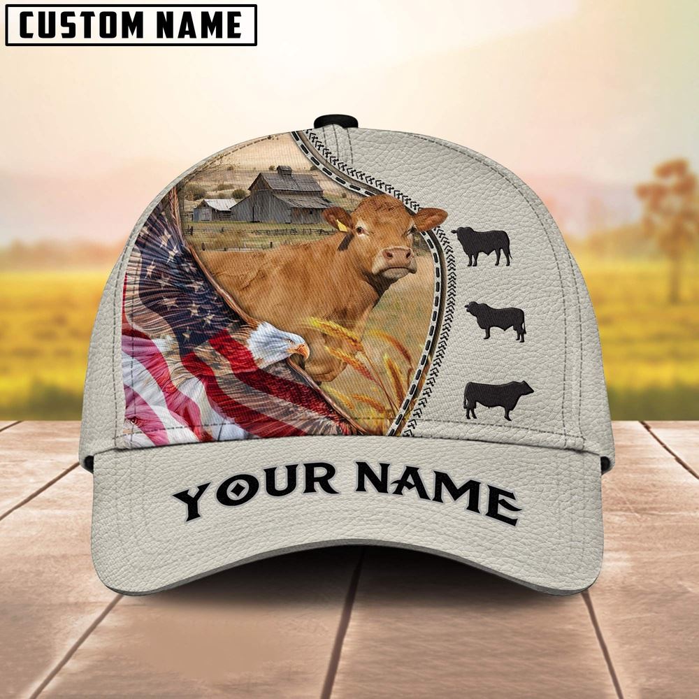 Limousin Eagle US Flag Leather Pattern Customized 3D Cap Farm Cap Farmer Baseball Cap Gift For Farmer