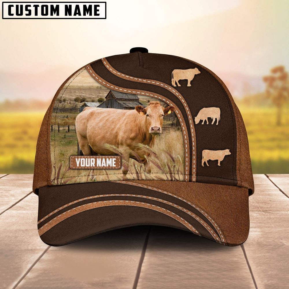 Limousin Leather Brown Pattern Customized Name Cap Farm Cap Farmer Baseball Cap Gift For Farmer