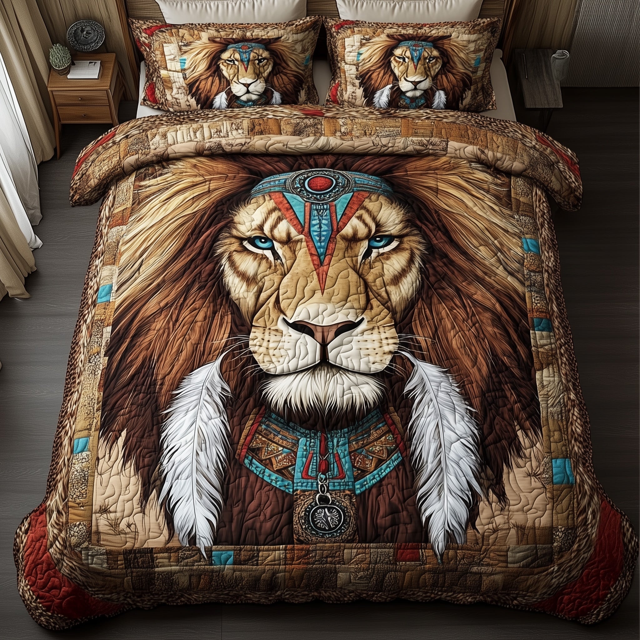 Lion Ancient Roar Quilted Bedding Set Duvet Cover Bedspread Native American Gifts