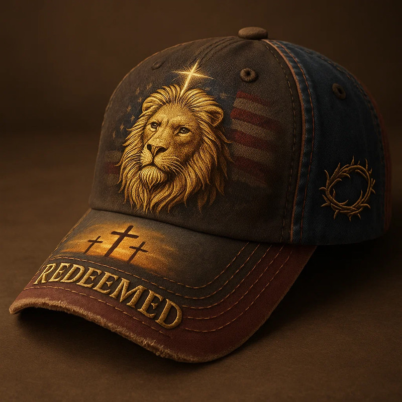 Lion Christian Themed Veteran Hat Redeemed American Flag Cap Gifts For Lion Lovers