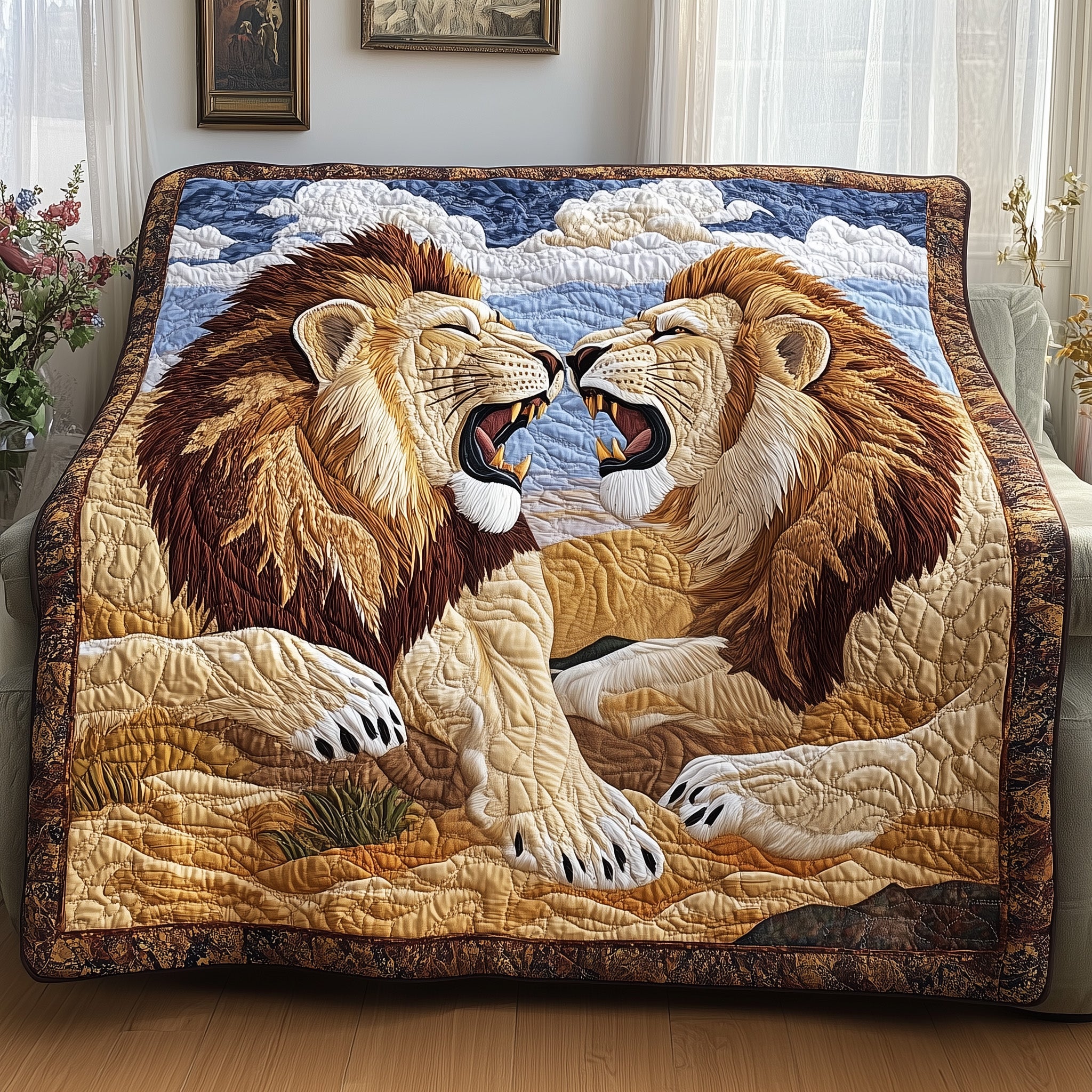 Lion Combat Quilted Blanket Cute Soft BlanketUnique Lion Gifts Christmas