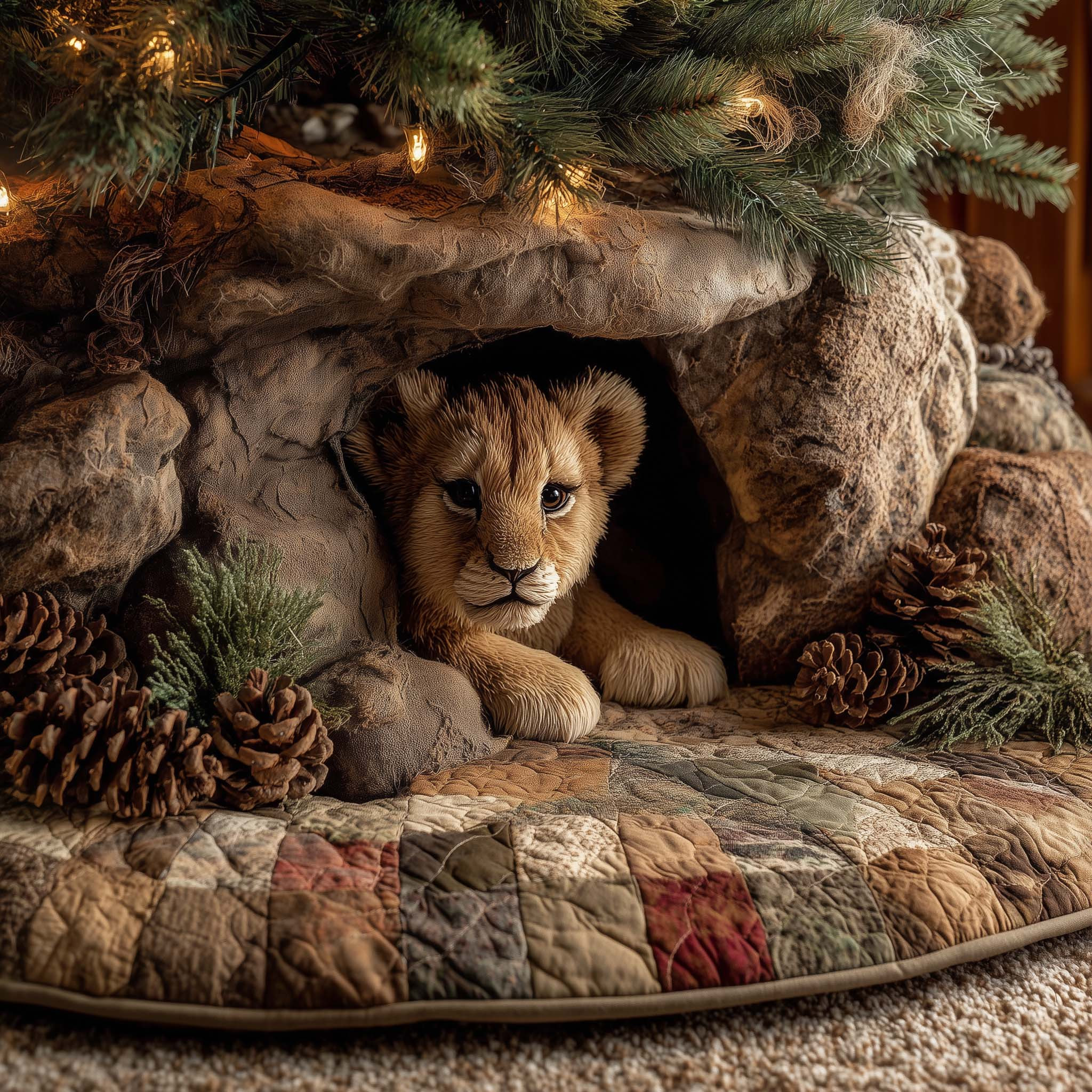 Lion Cub Quilted Tree Skirt Animal Themed Christmas Home Decor Xmas Gifts For Lion Lover