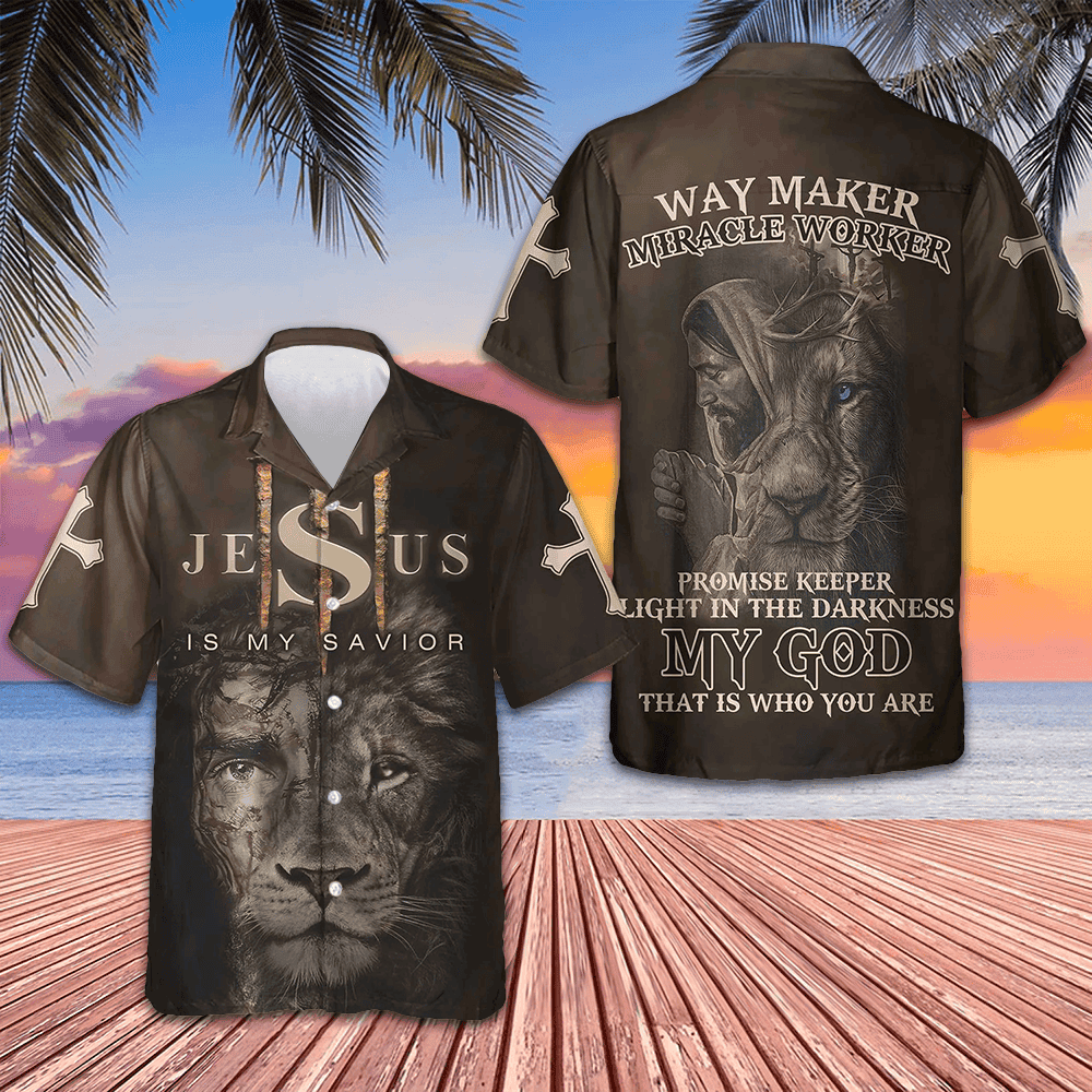 Lion Jesus Is My Savior Hawaiian Shirt Christian Faith Short Sleeve Button Up Men