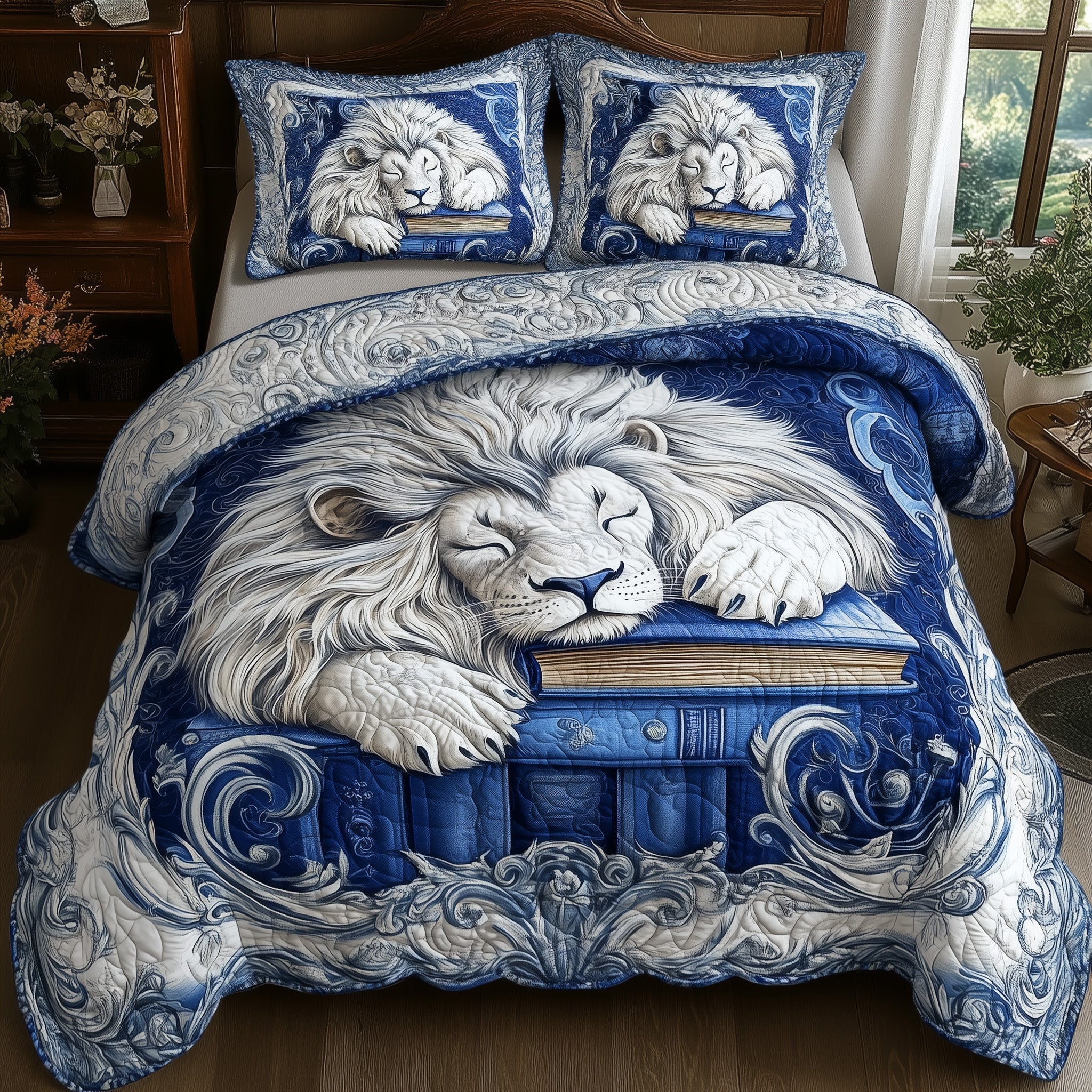 Lion Lore Quilted Bedding Set Classic Resting Lion Decor Peaceful Animal Design Presents