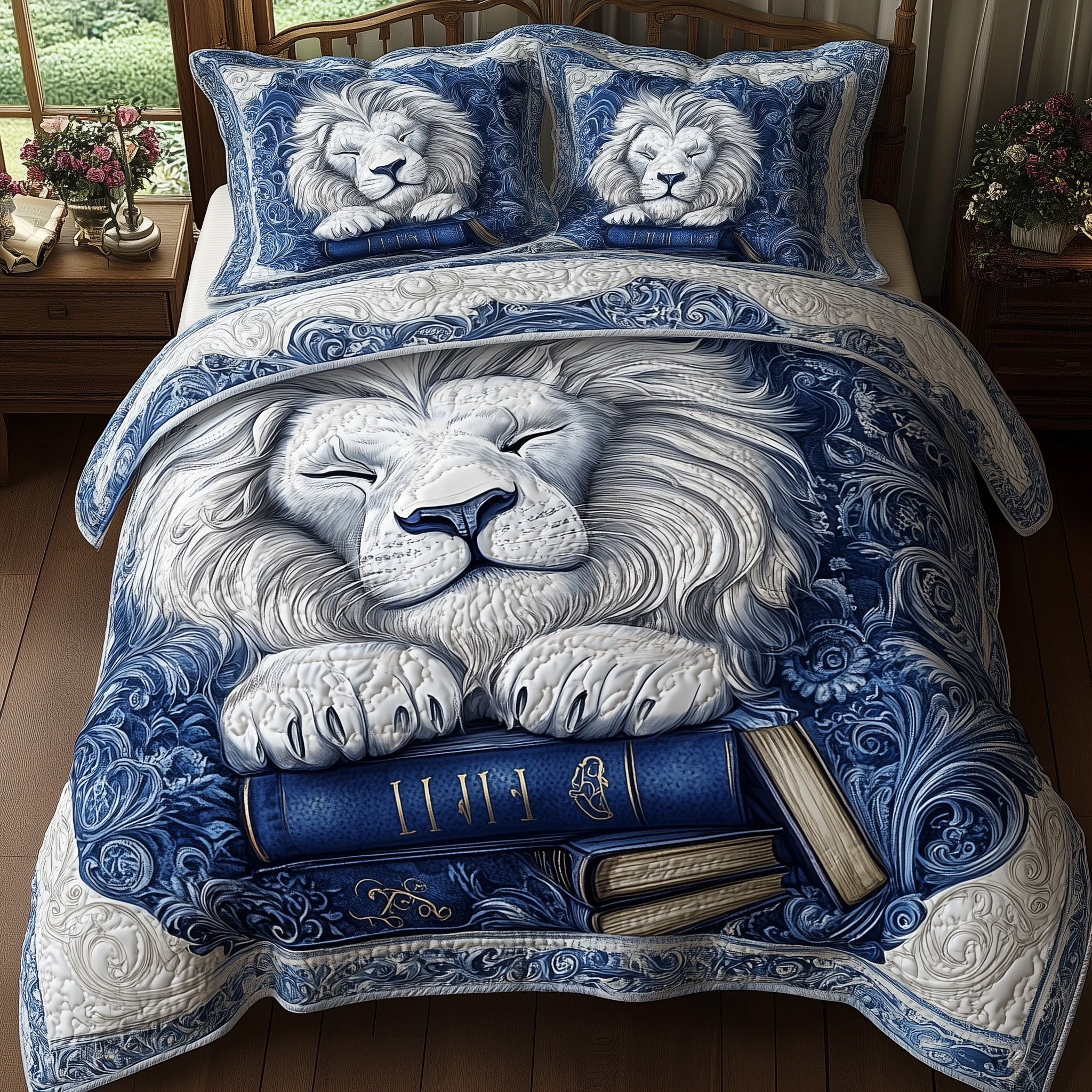 Lion Lore Quilted Bedding Set Classic Resting Lion Decor Peaceful Animal Theme Gifts