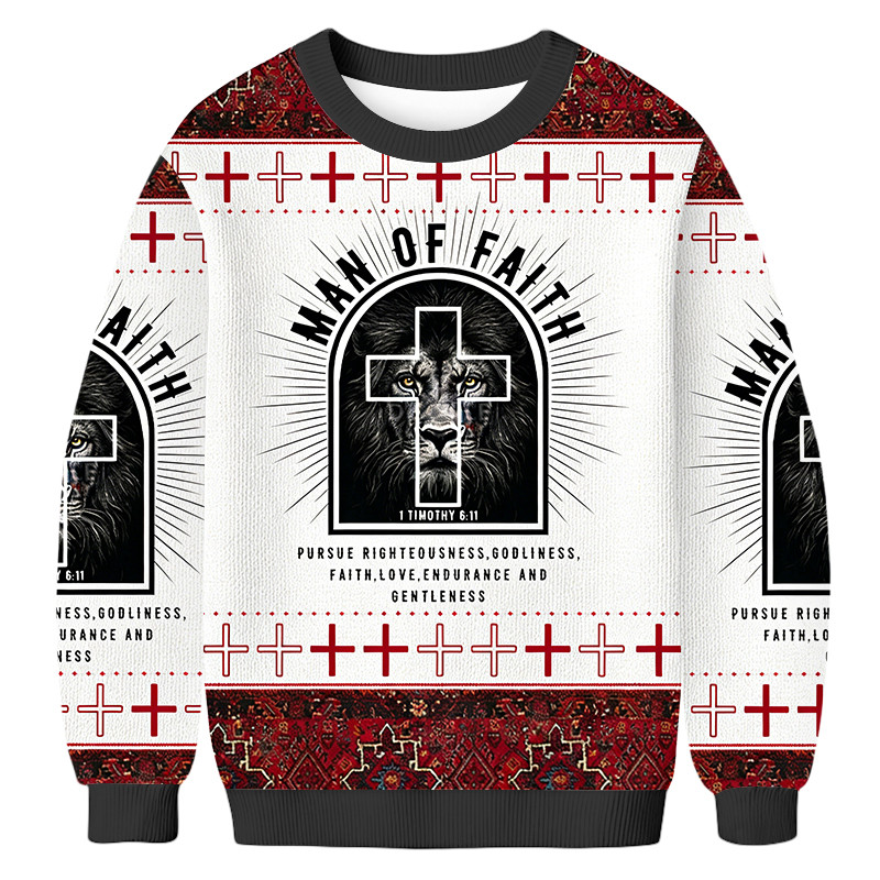 Lion Man Of Faith Ugly Sweater Holy Cross Pattern Christian Clothing Religious Christmas Gifts