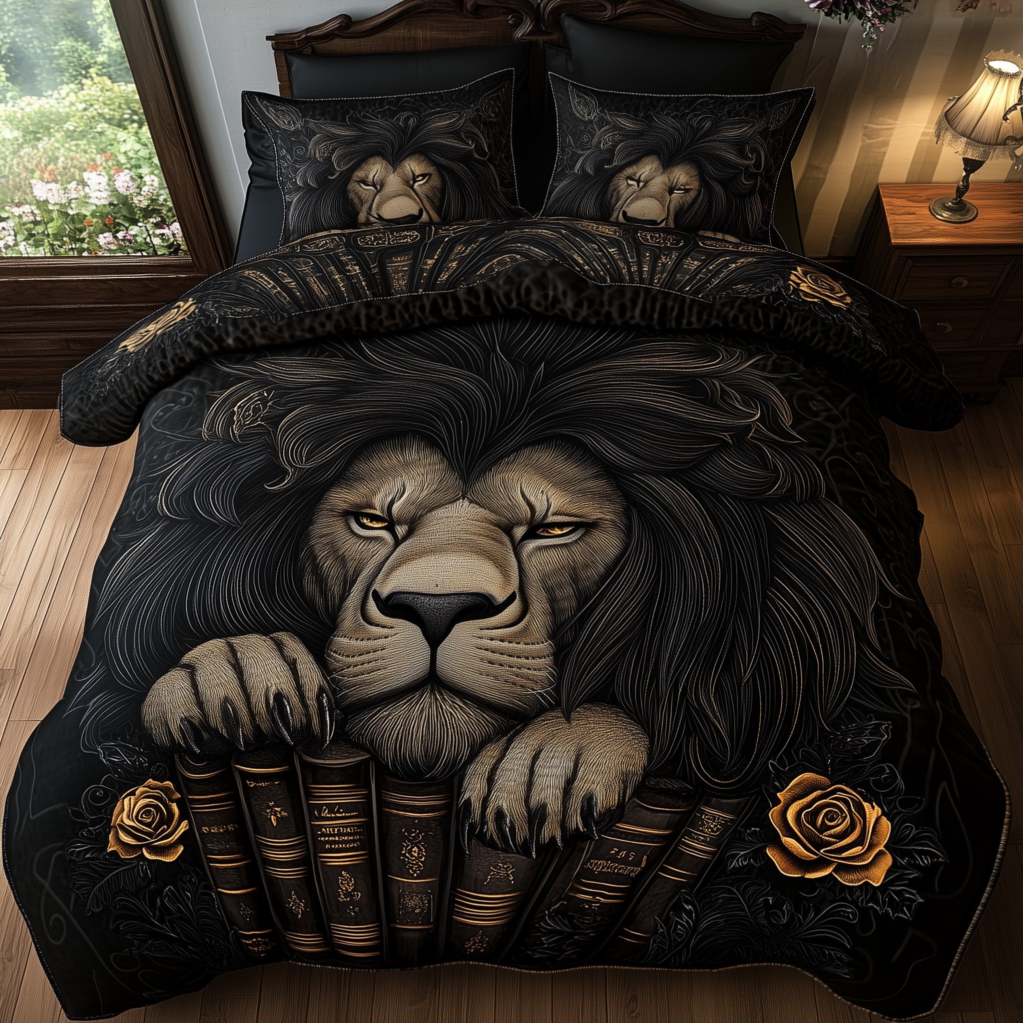 Lion On Books Quilted Bedding Set Classic Resting Lion Decor Peaceful Animal Design Gifts