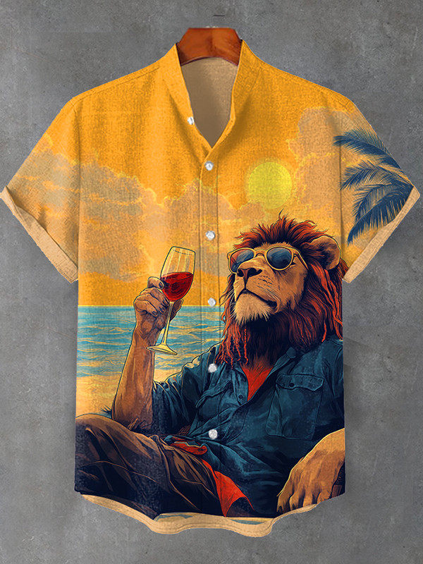 Lion Red Wine Enjoys The Sunset Art Hawaiian Shirt Gifts For Lion Lovers